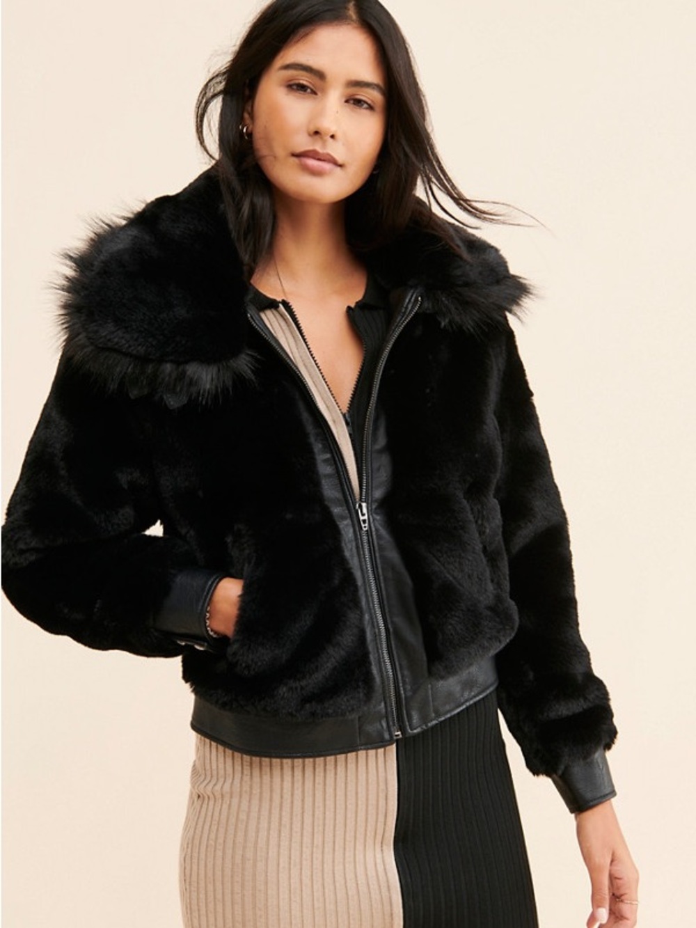 Very Gently Preowned Blank NY Black Faux Fur Motto Zip Jacket